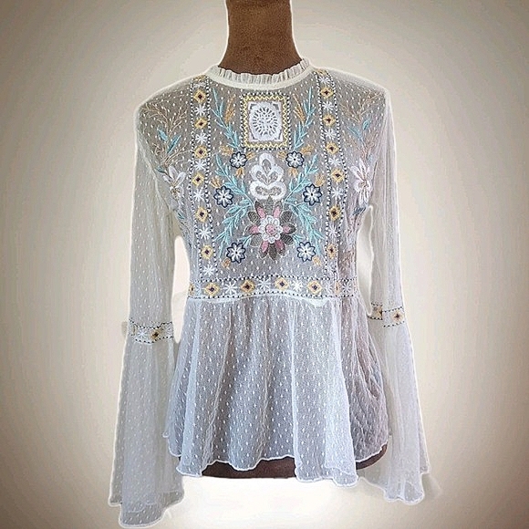 Altar'd State Bohemian Blouse Size M Embroidered Beaded Flare Sleeve Sheer Top - Picture 1 of 9